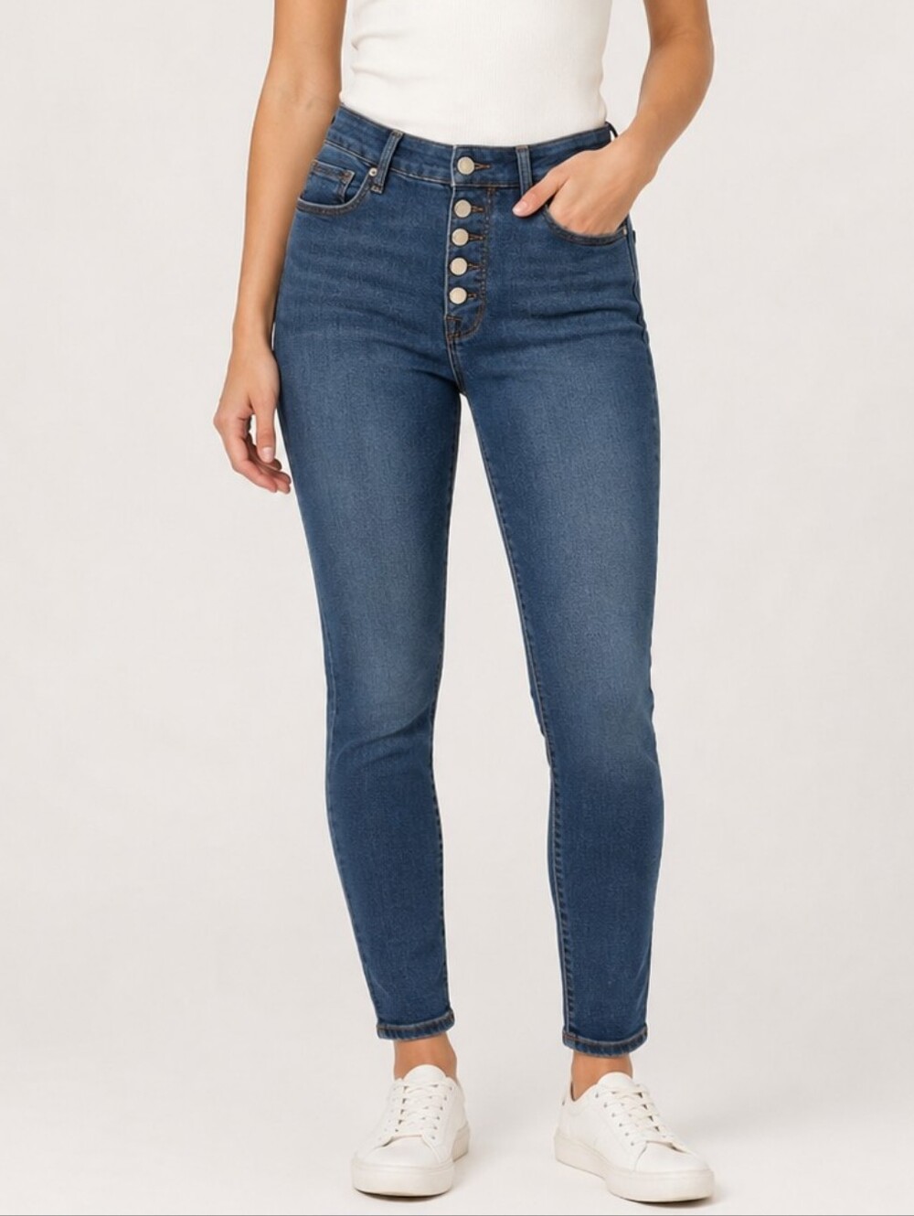 Good American High Rise Button Fly Skinny Jeans Women's Size 2/26 Blue Stretch D